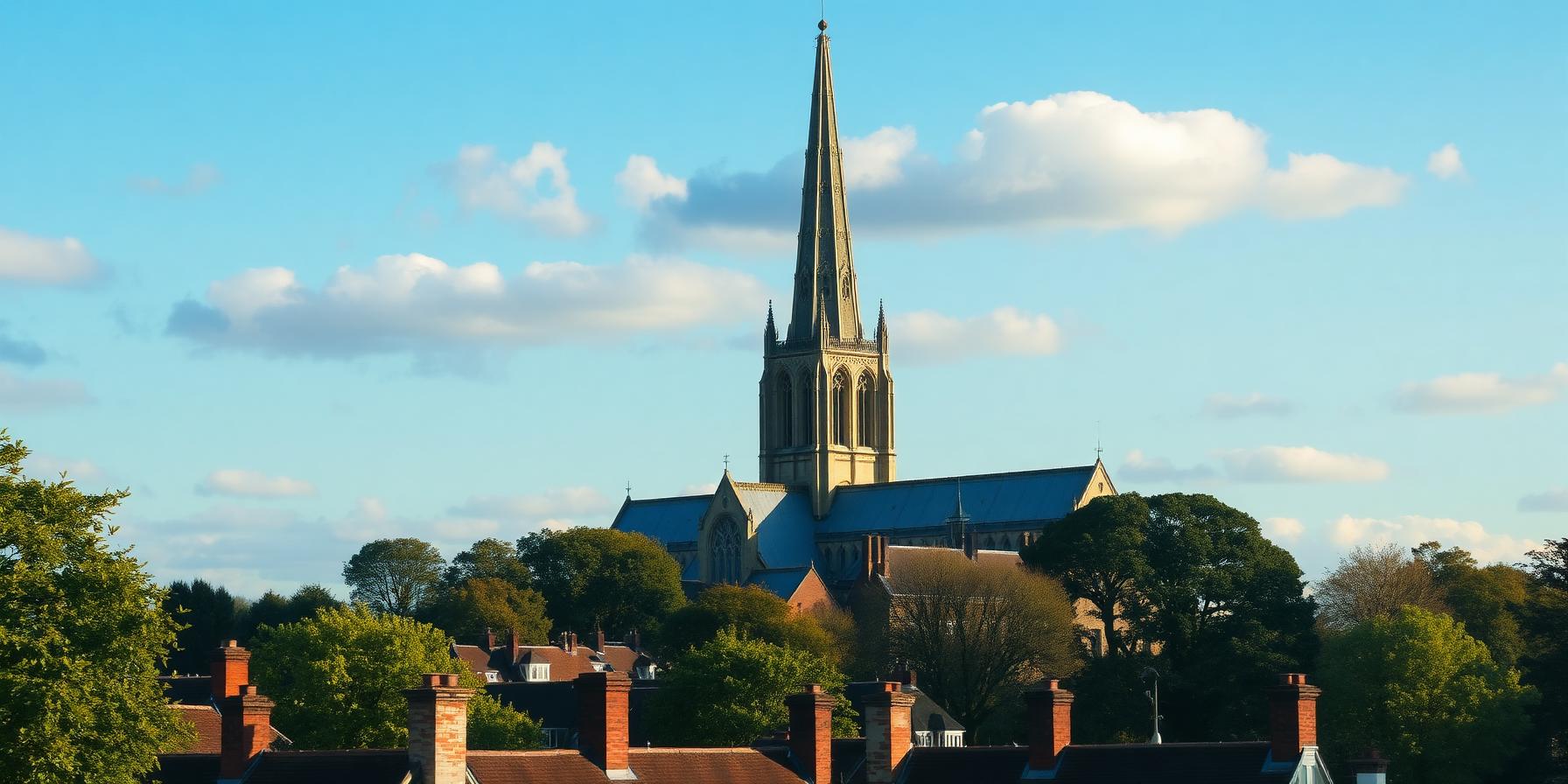 Chichester Cathedral's Gothic spire rising above the historic city rooftops.