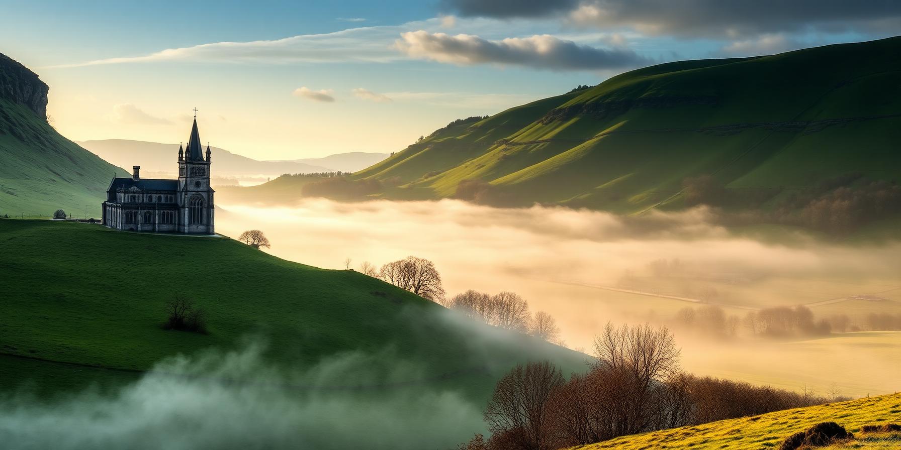 Lancing College Chapel perched on the South Downs above a misty valley.